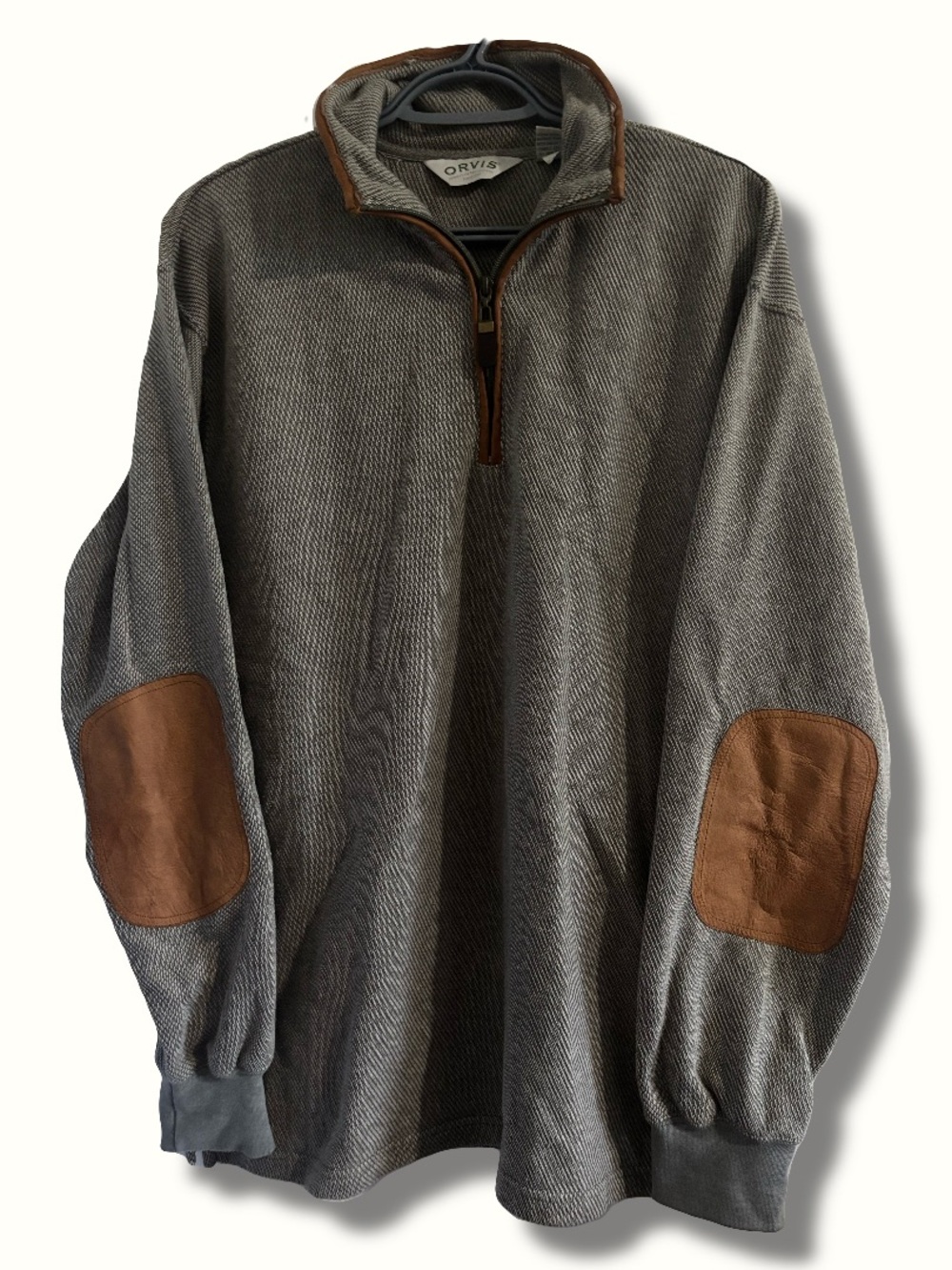 Orvis Quarter Zip Faux Leather Elbow Patch Trim Grey Pullover Sweater Medium